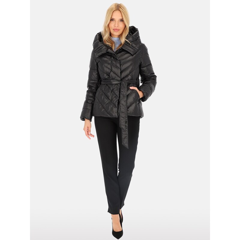 PERSO Womans Womens short tied real down jacket with a hood ,