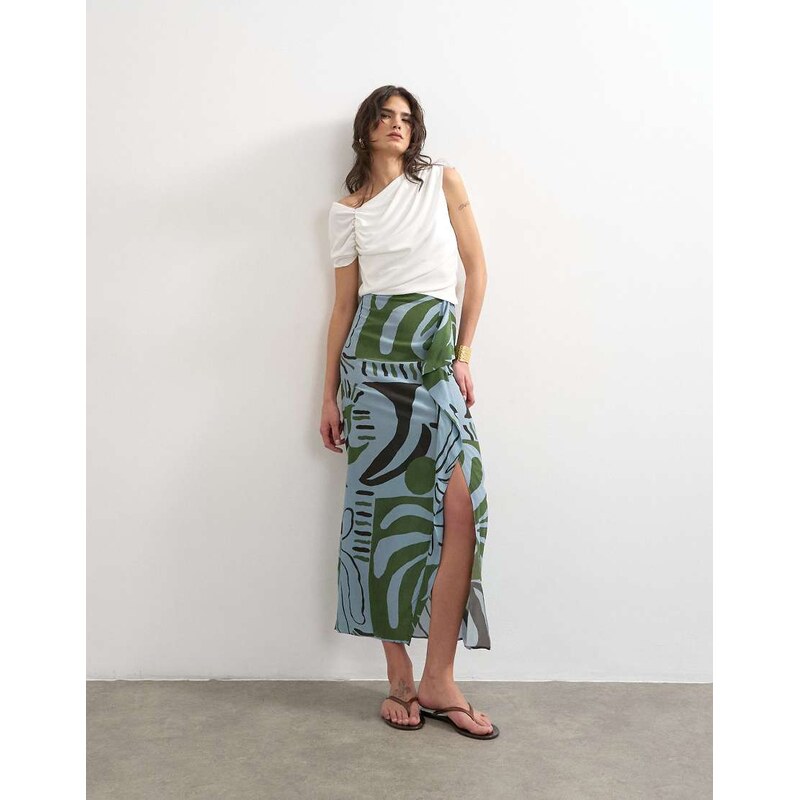 Topshop co ord sarong maxi skirt in blue abstract leaf print