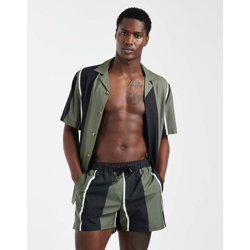 ASOS DESIGN co-ord swim shorts in short length with khaki and