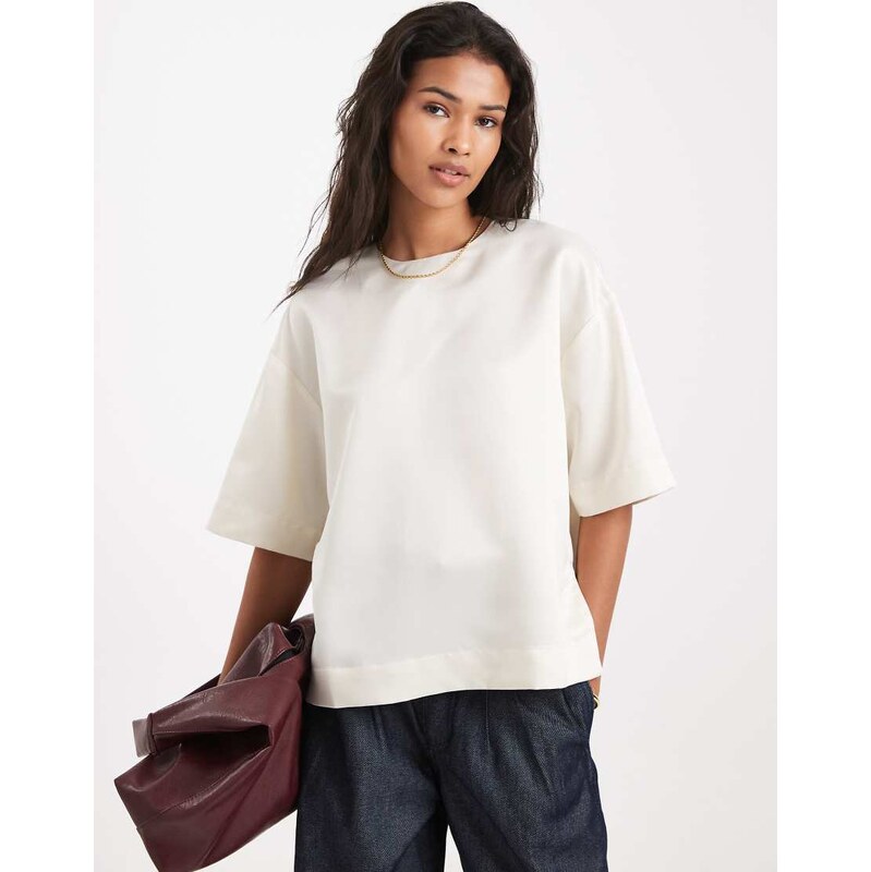 ASOS DESIGN satin tee in ivory-White
