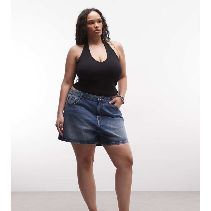 COLLUSION Plus mom short in midwash-Blue
