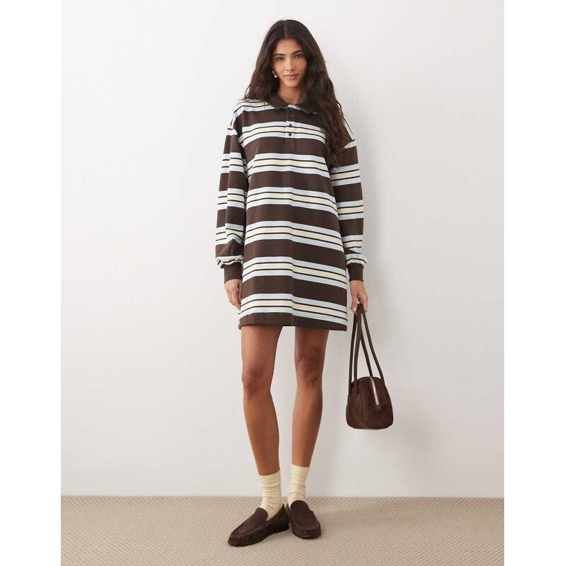 ASOS DESIGN polo rugby mini dress in brown stripe-Multi