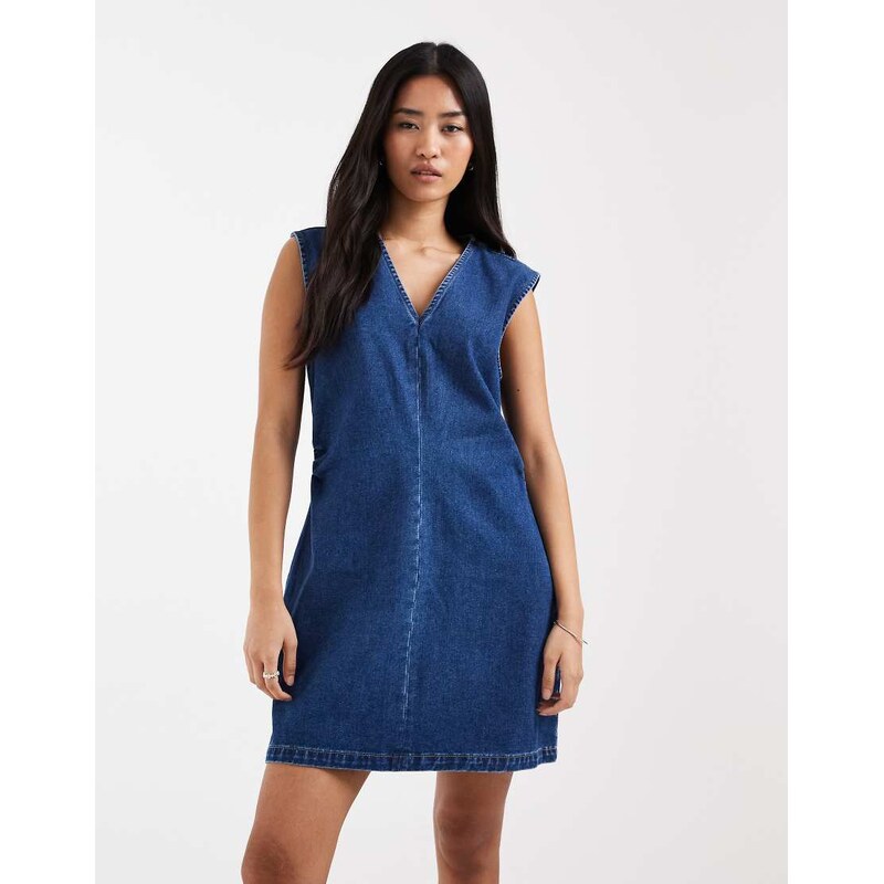 ONLY v neck denim mini dress in dark blue