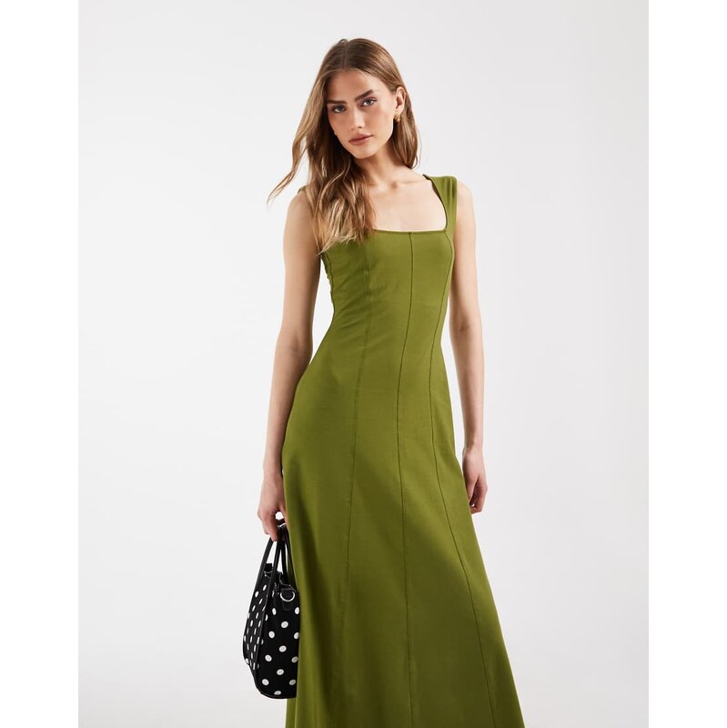 ASOS DESIGN square neck seam detail midi dress in khaki-Neutral