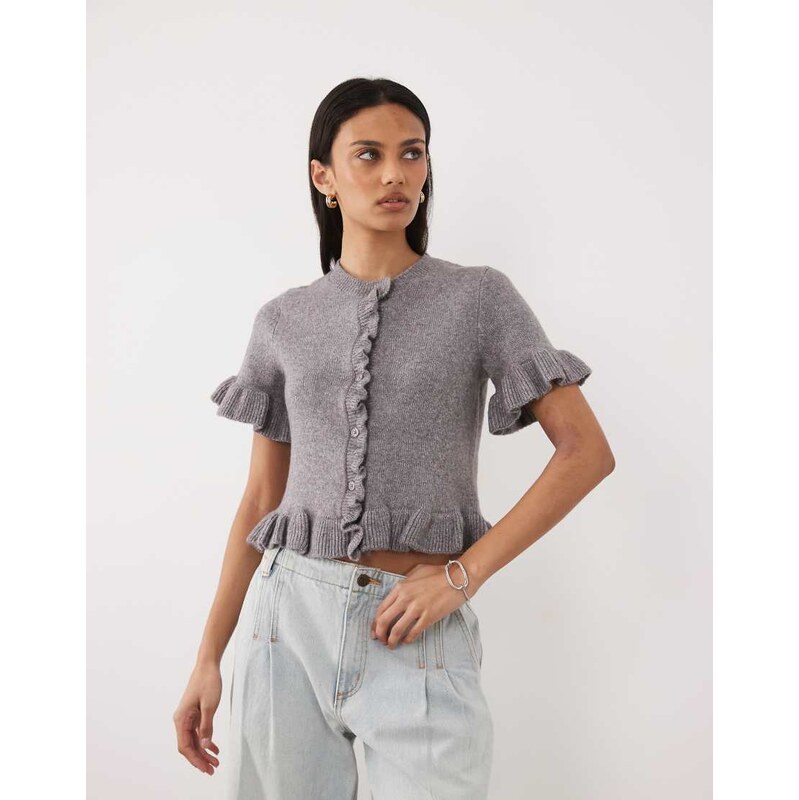 Brave Soul short sleeve cardigan with frill hem in grey