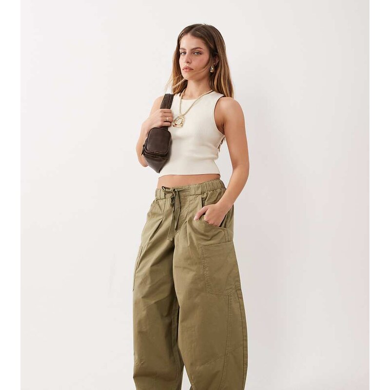 ASOS Petite ASOS DESIGN Petite pull on barrel trousers in khaki-Green 114746897