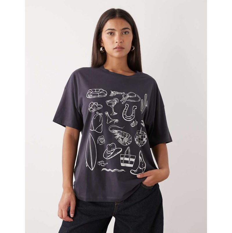 Noisy May oversize t-shirt with summer graphic in charcoal-Grey