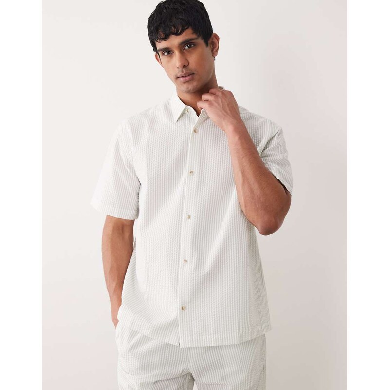 ASOS DESIGN co-ord relaxed seersucker stripe shirt in sage green