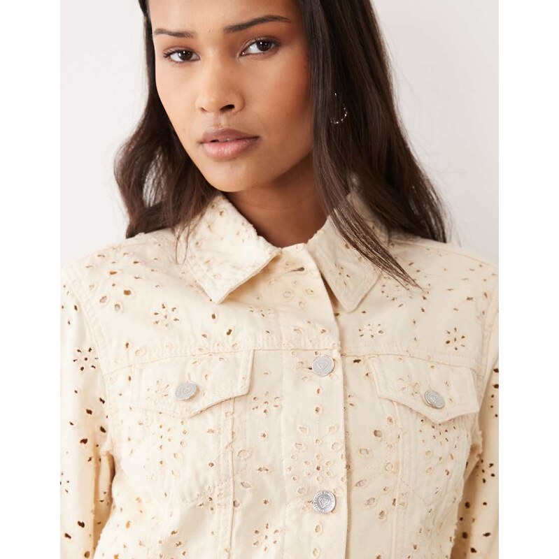 Miss Selfridge broderie denim jacket in buttermilk wash-White
