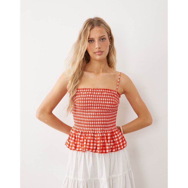 Free People sundance shirred strappy top in red gingham