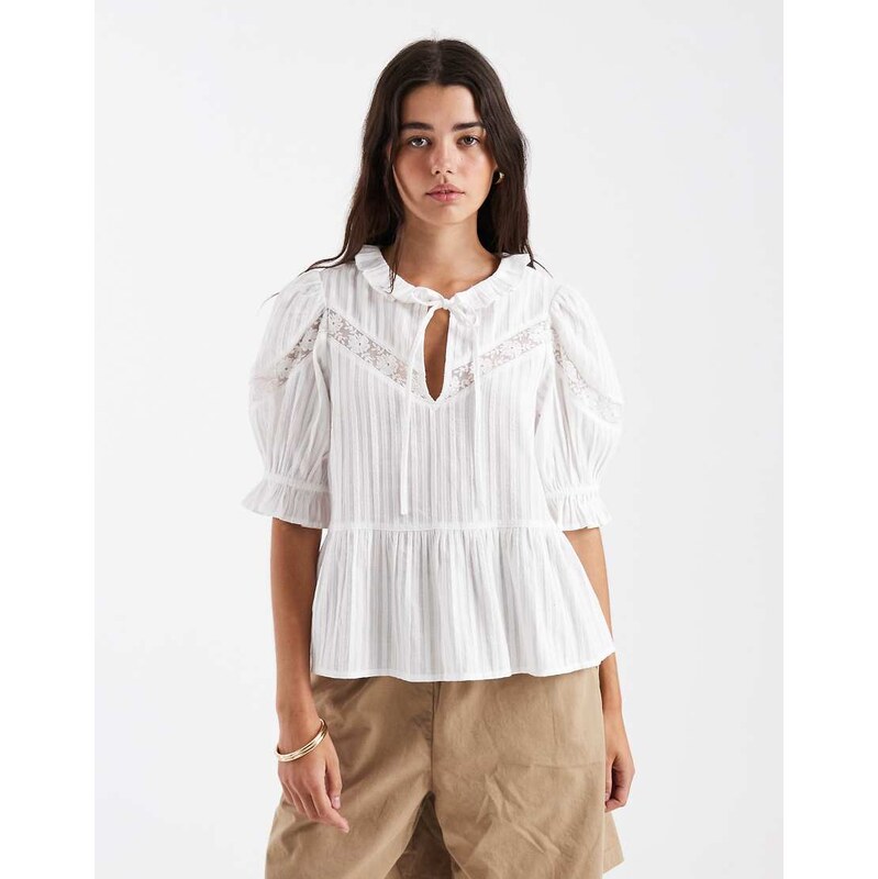 New Look stripe tie neck blouse in white