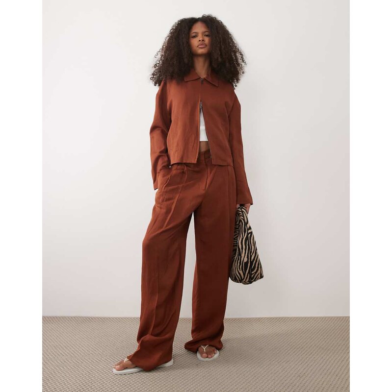 Mango Vbbargen linen mix pleat front straight trouser co-ord in