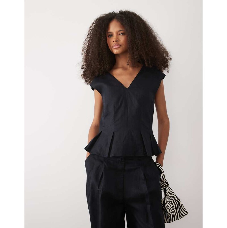 Mango Lbolga linen mix v neck sleeveless peplum hem top co-ord in navy 114910066