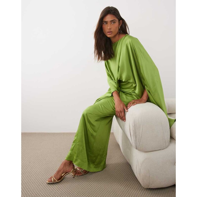 Mango drape detail satin half sleeve maxi dress in green