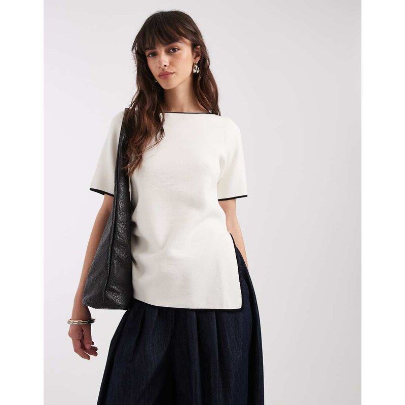 ASOS DESIGN ruched side aysmmetric t-shirt in white with black
