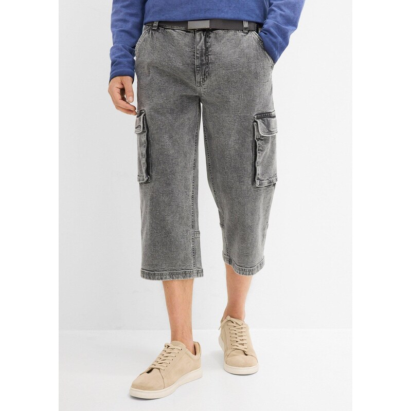bonprix 3/4 strečové cargo džíny s páskem, Relaxed Fit šedá Muž 114755009