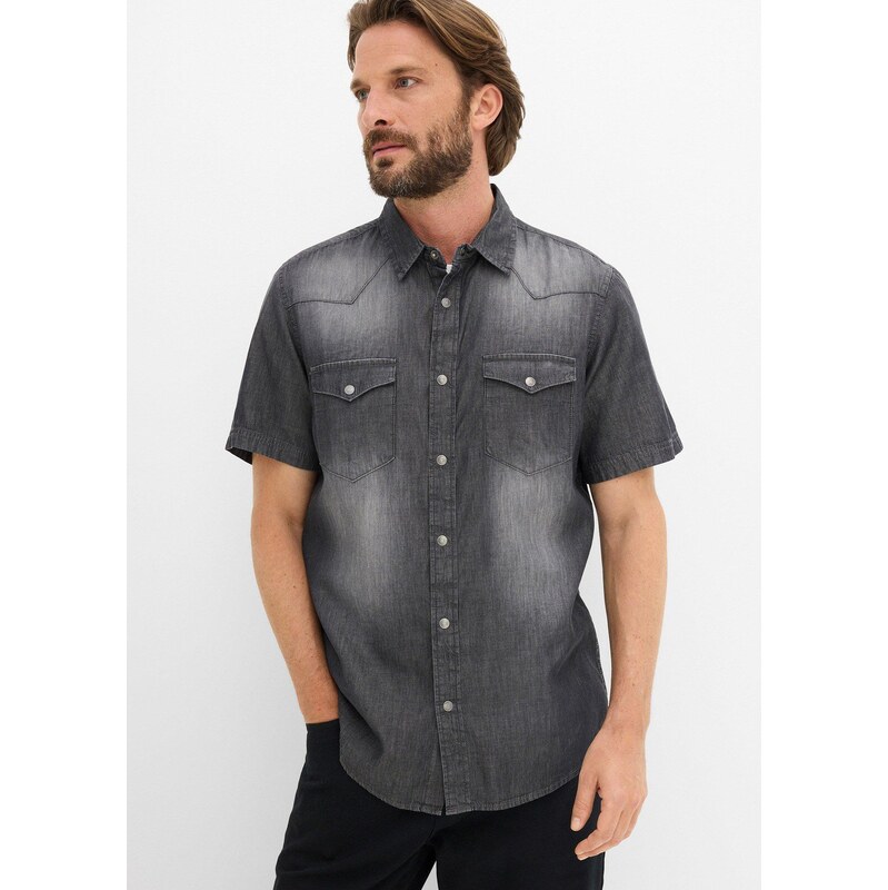 bonprix Džínová košile Slim Fit, krátký rukáv, z čisté organické
