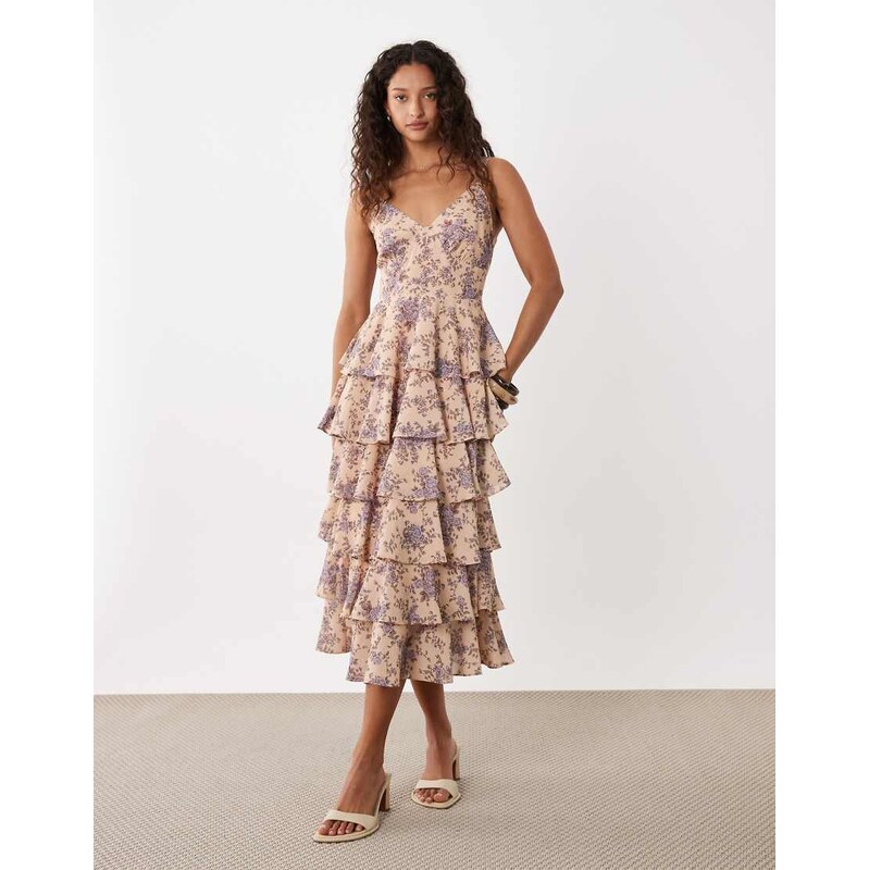 Pretty Lavish tie back ruffle midaxi dress in print in lilac