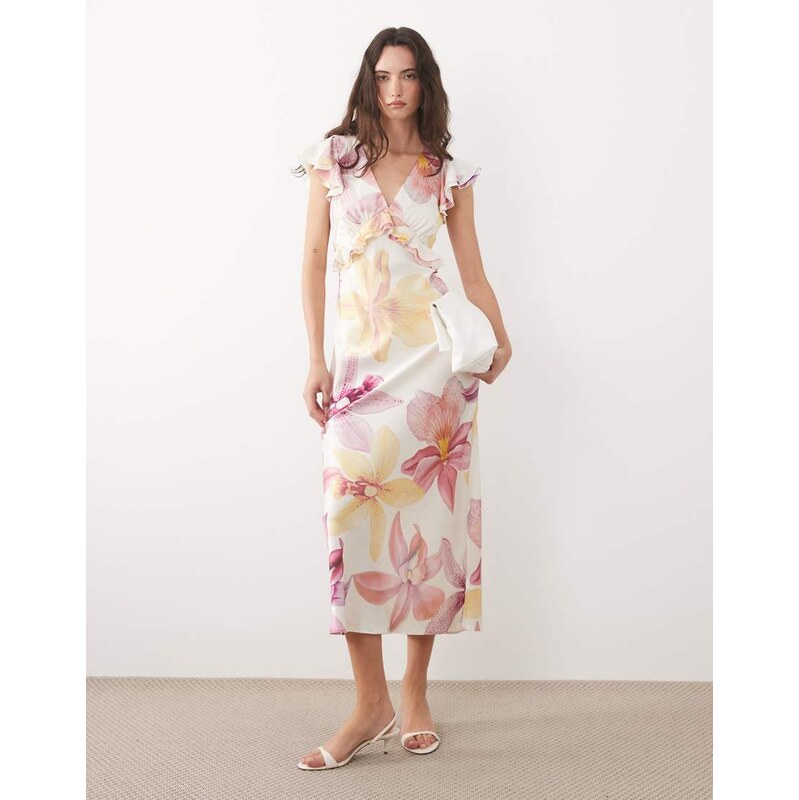 New Look flower print flutter sleeve satin midi dress in cream