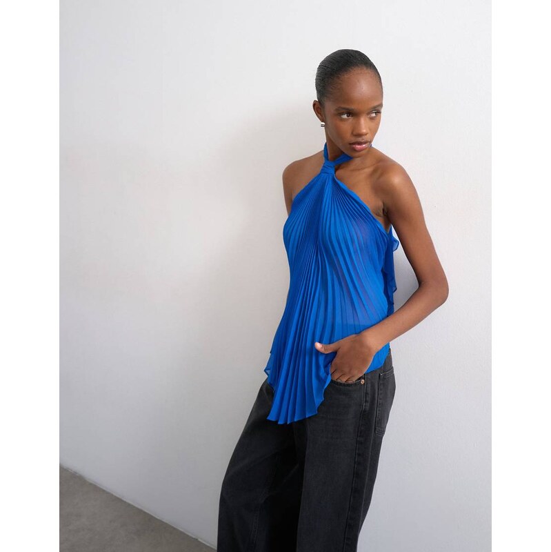 Topshop knot halter top with pleated fabric in cobalt blue