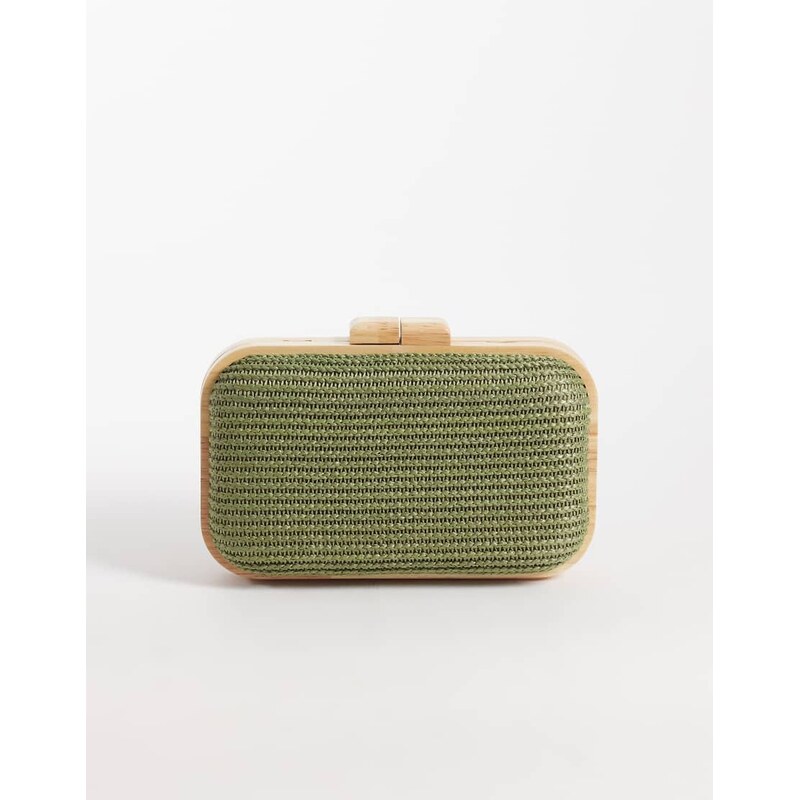 Glamorous raffia wooden clutch bag in green