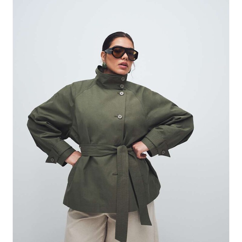 ASOS Curve ASOS DESIGN Curve funnel neck tie belt trench coat in Khaki 114773412