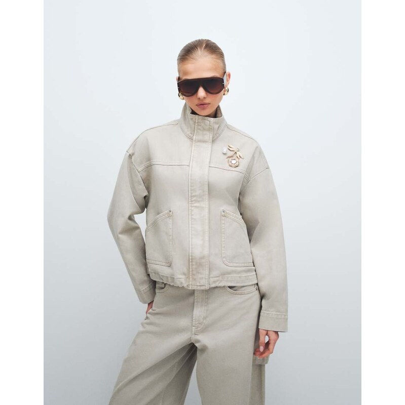 ASOS DESIGN denim funnel neck jacket co-ord in neutral-White 114773531