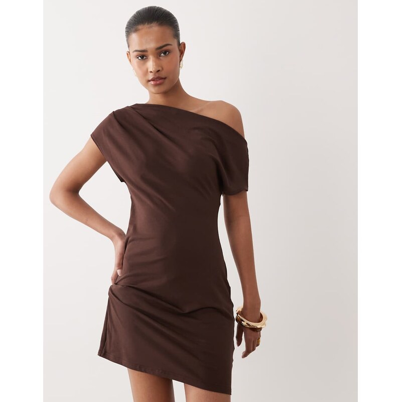 SNDYS ruched detail asymmetric shoulder mini dress in chocolate