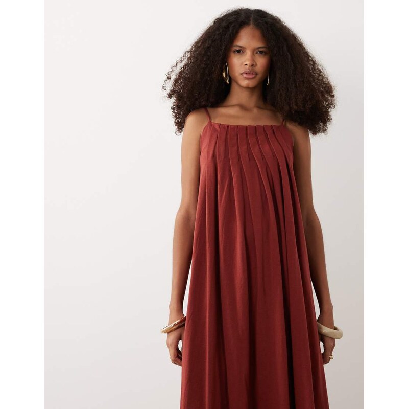 ASOS DESIGN pleated trapeze dress in rust-Brown