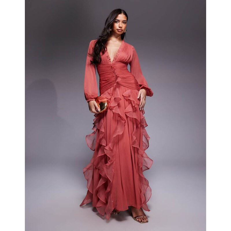 ASOS LUXE ruched long sleeve maxi dress with waterfall detail in