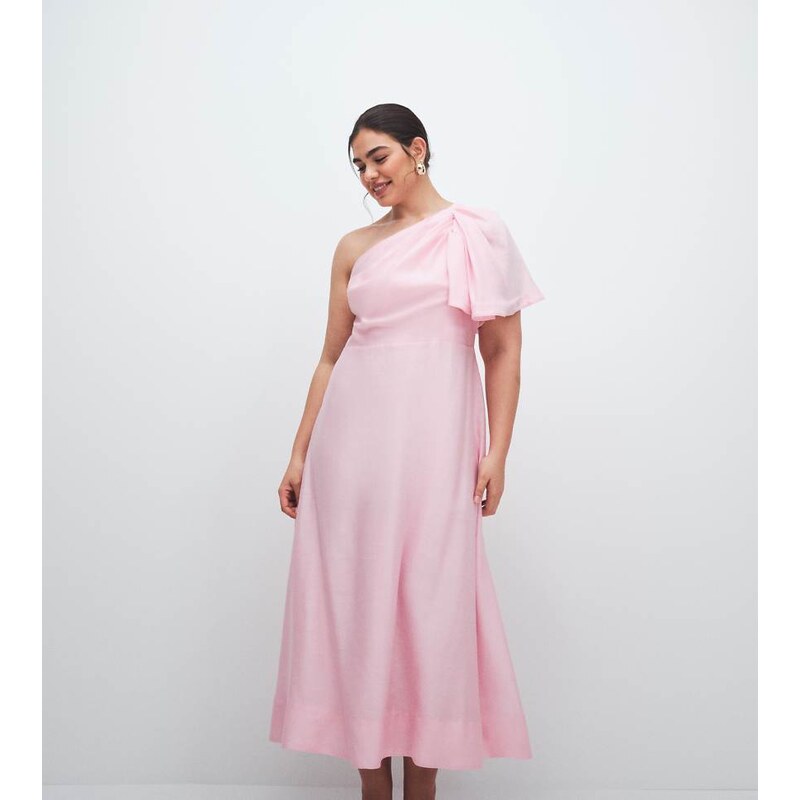 Forever New Curve linen one shoulder bow detail midi dress in