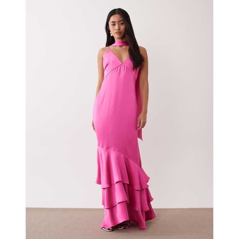 Pretty Lavish satin cami scarf detail ruffle skirt maxi dress in pink 114773616