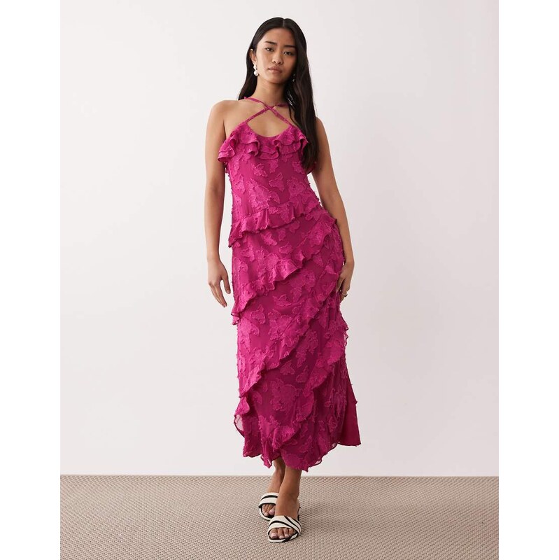 Pretty Lavish ruffle jacquard cross strap midaxi dress in berry-Pink 114994097