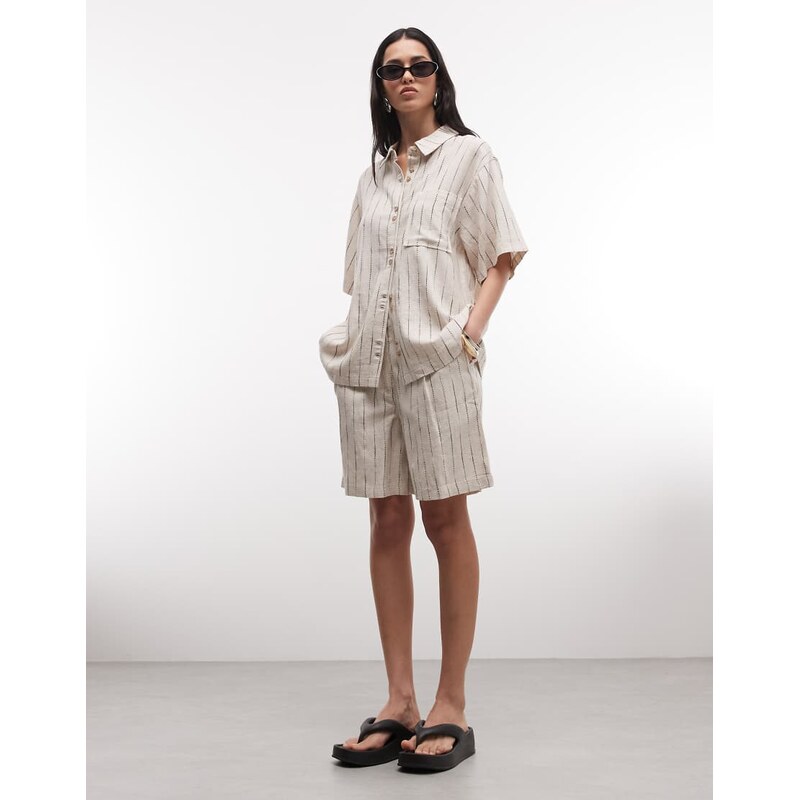 ASOS DESIGN relaxed dad shorts with linen in natural stripe