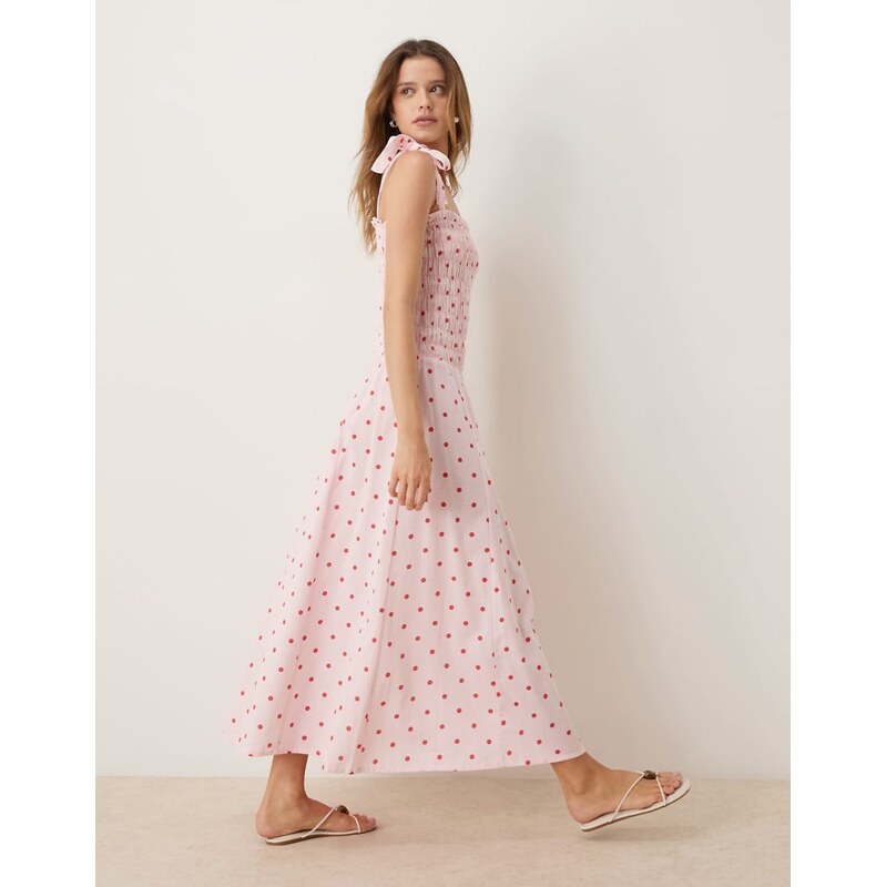 Esmee tie strap shirred maxi beach dress in pink & red polka dot
