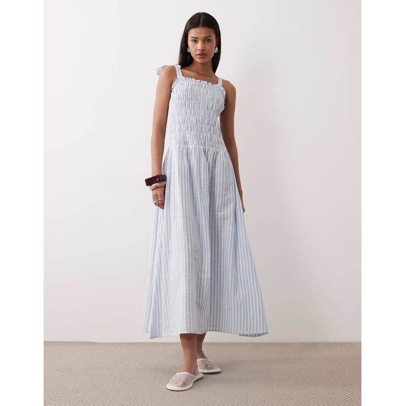 Esmee tie strap shirred maxi beach dress in blue & white stripe