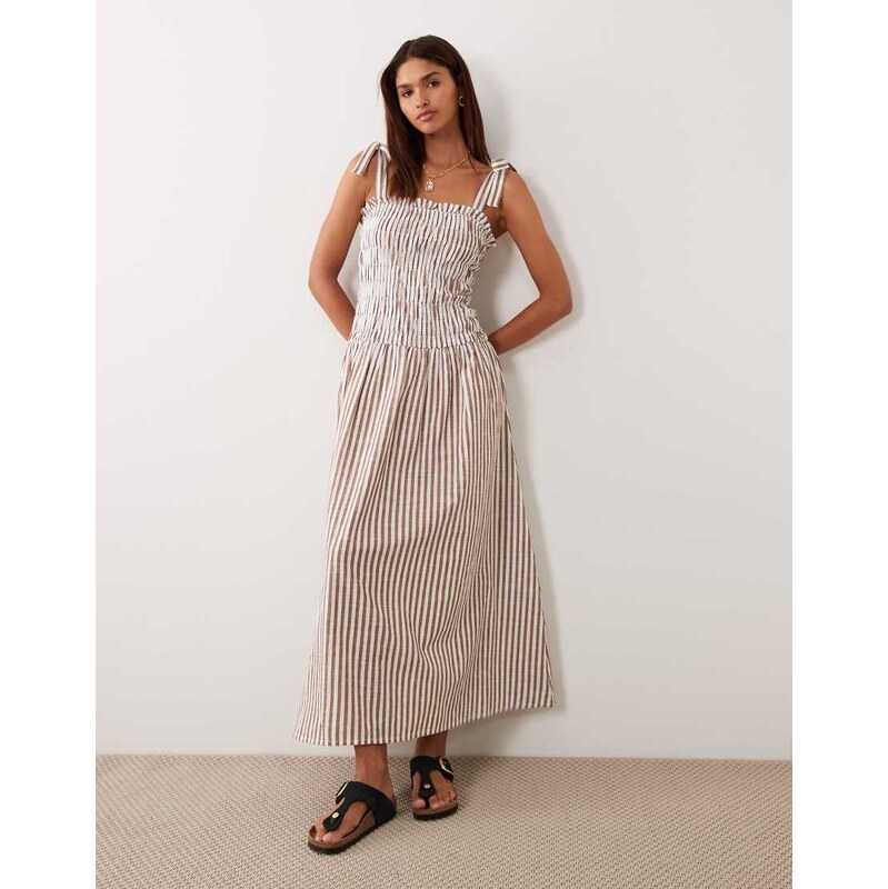 Esmee tie strap shirred maxi beach dress in brown & white stripe