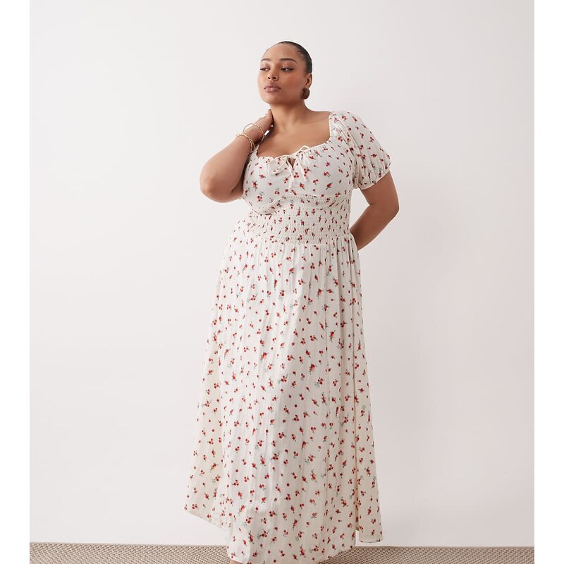 Esmee Curve puff sleeve tie front maxi beach dress in red ditsy