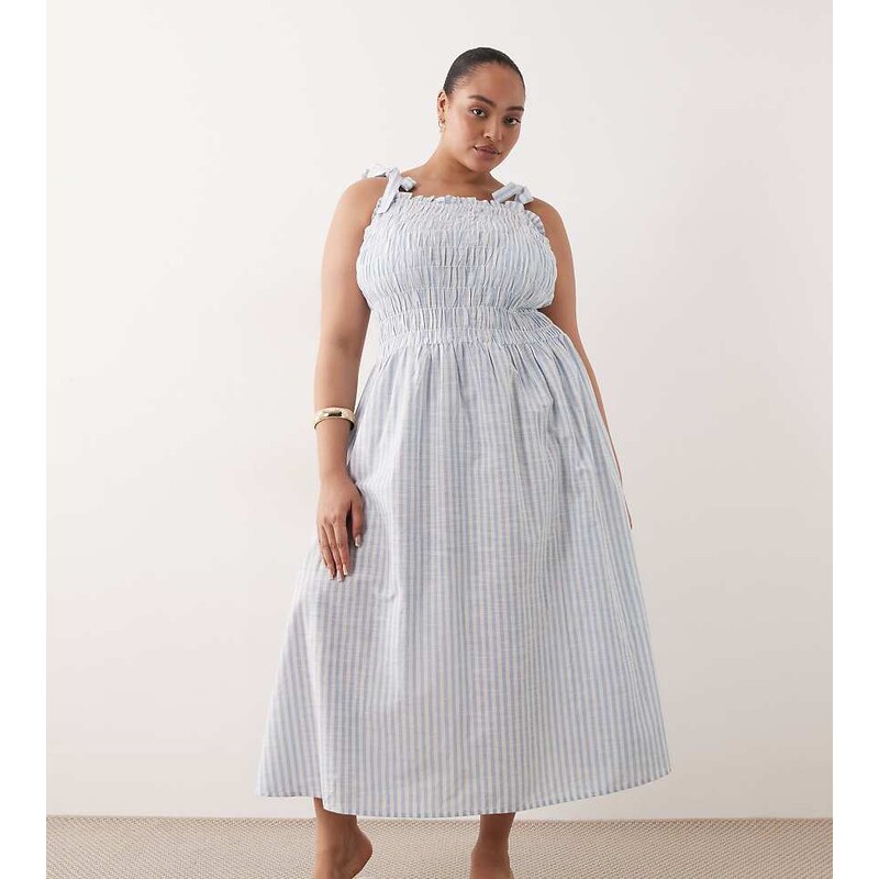 Esmee Curve tie strap shirred maxi beach dress in blue & white