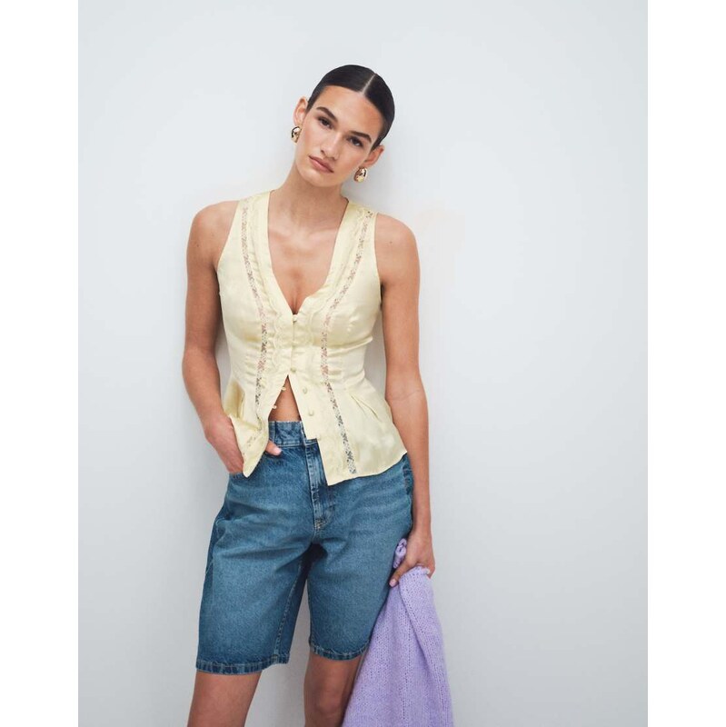 New Look satin lace top in yellow