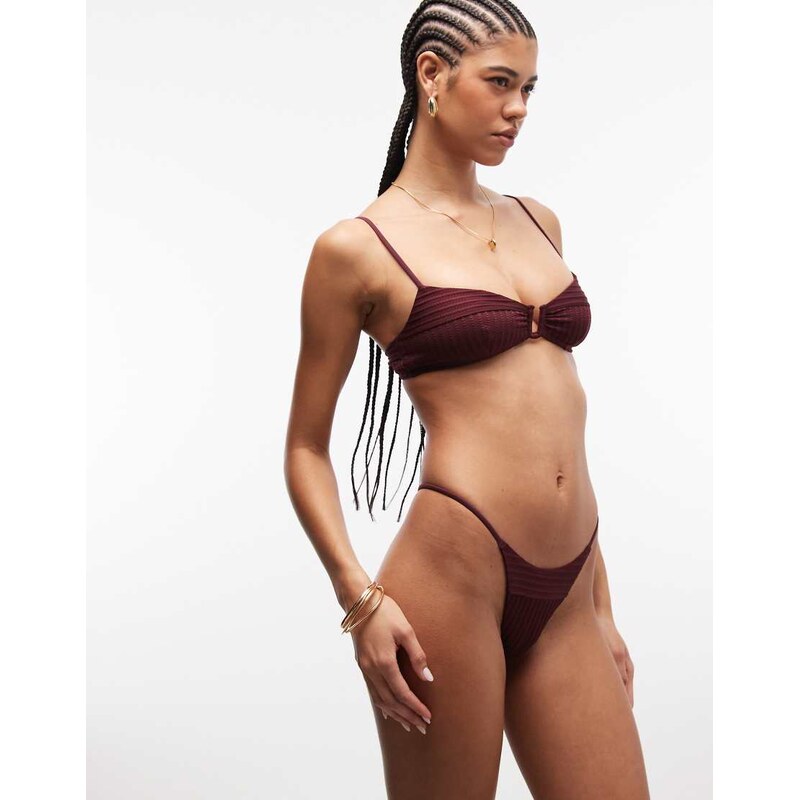 ASOS DESIGN Rory spliced rib San Andreas tanga bikini bottom in berry 115519510