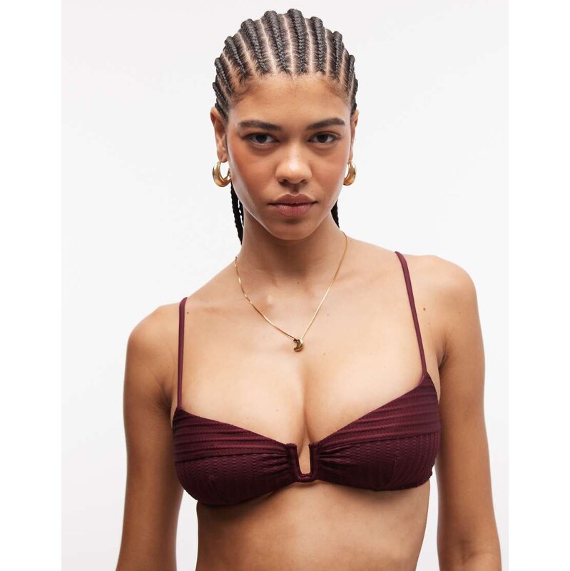 ASOS DESIGN Rory spliced rib vwire bikini top in berry-Red
