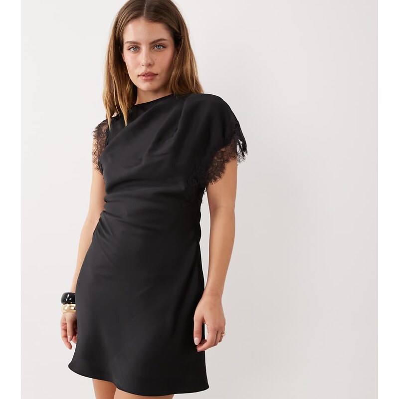Forever New Petite satin and lace mix mini dress in black