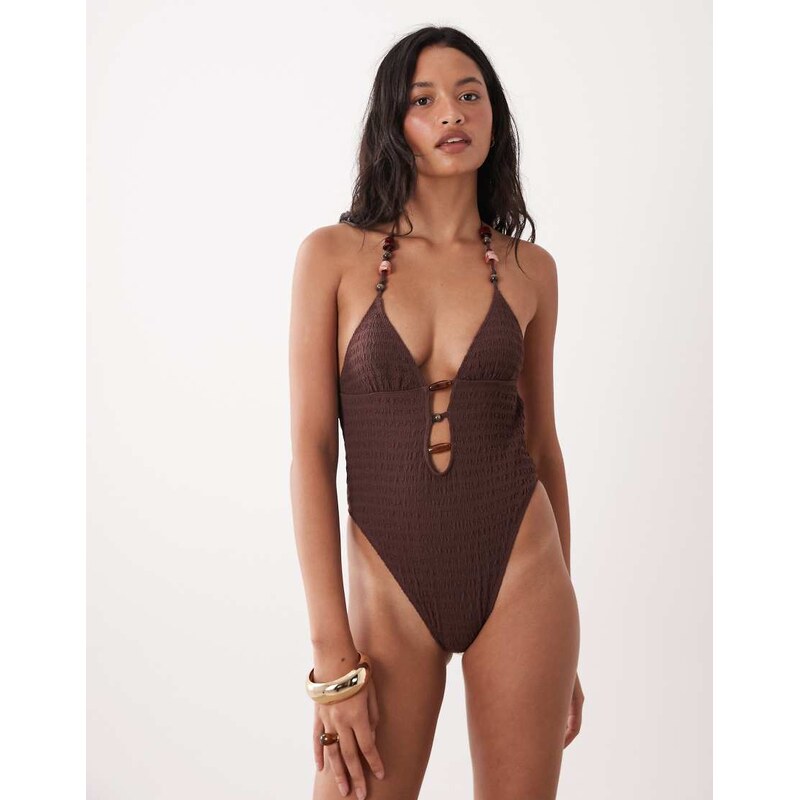 ASOS DESIGN Ruthie plunge cut out swimsuit with resin bead detail in 115520340