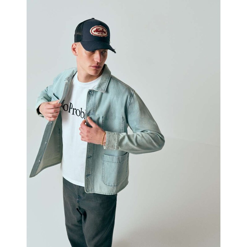 Pompeii UK Pompeii denim button up chore jacket in mid wash blue