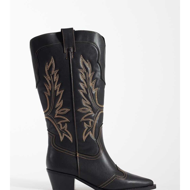 ASOS DESIGN Curve Celestine flat western knee boots in black burnish