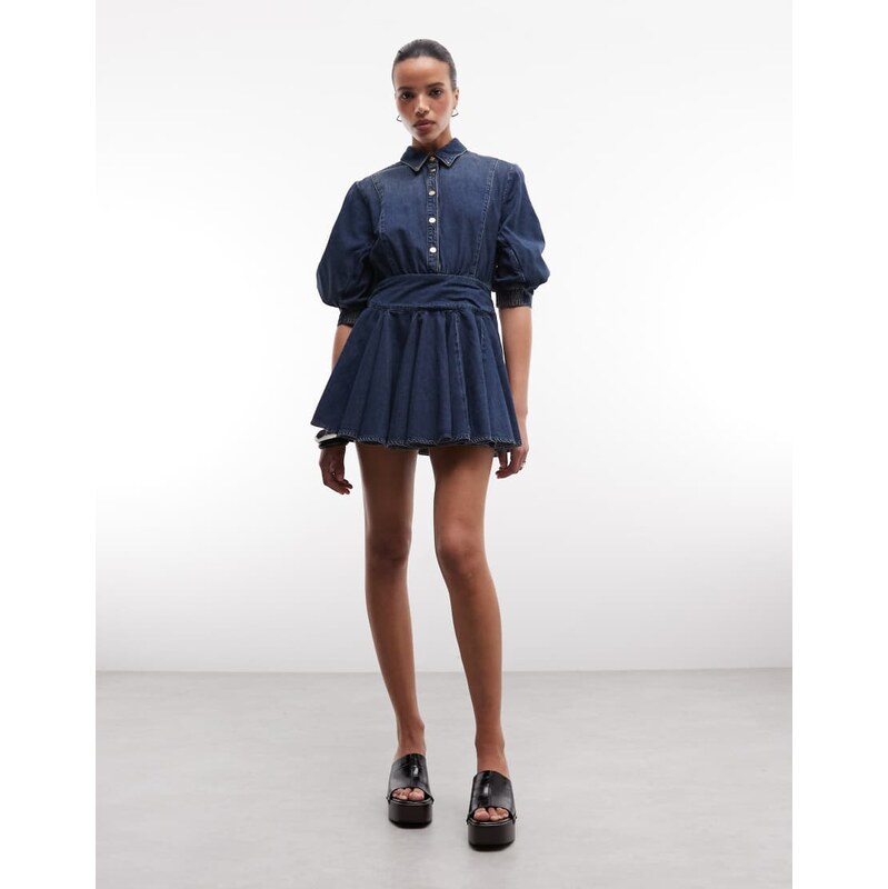 AllSaints arlo balloon sleeve button down denim mini dress in