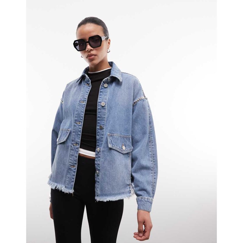 AllSaints hettie studded vintage wash denim jacket in indigo-Blue 115372720