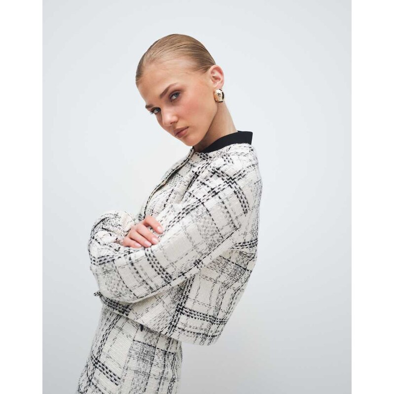 ASOS DESIGN tailored bomber jacket in check boucle-White 114774284