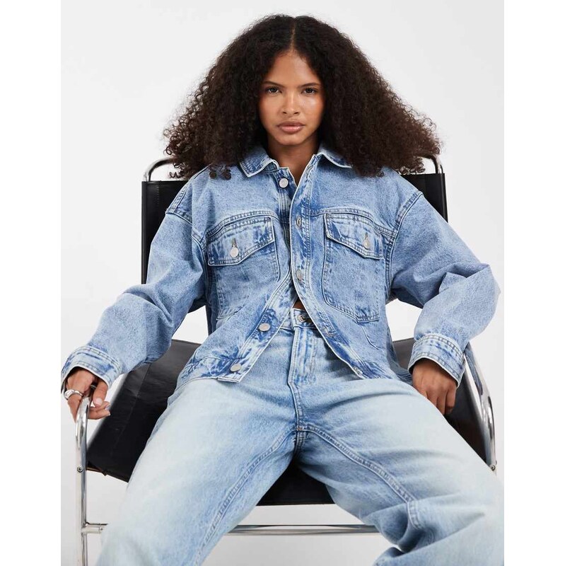 Pieces trucker jacket in light blue denim 115521430